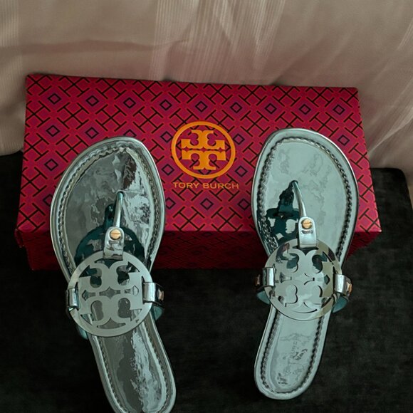 Tory Burch Miller Mirrored Metallic Teal Sandal - Picture 5 of 14